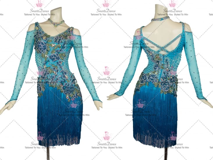 Blue Flower Elegant Latin Dance Outfits Merengue Clothing LD-SG2342